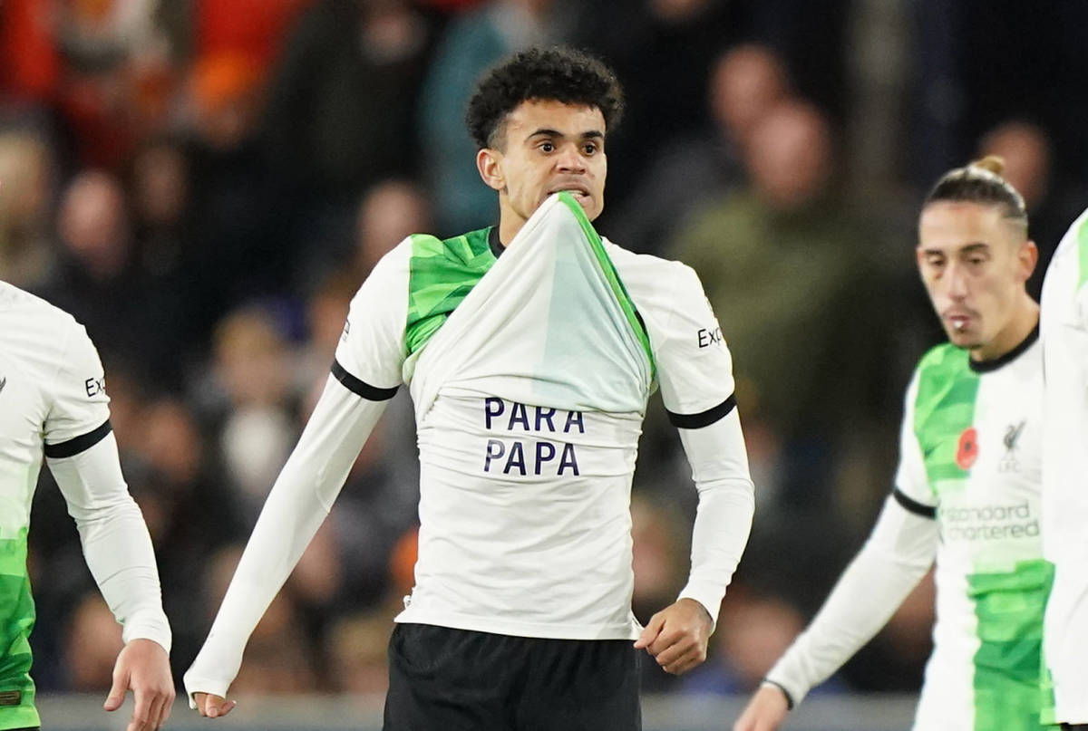 Liverpool player Luis Diaz pictured after scoring a goal in a 1-1 draw at Luton Town in November 2023